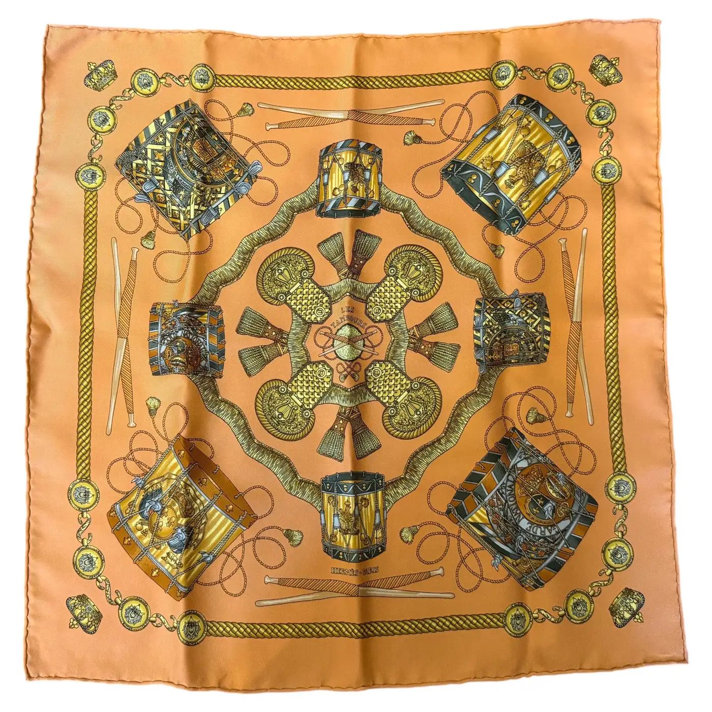 20th Century Classic Orange Silk Carrè Scarf 20th Century Classic Orange Silk Carrè Scarf "Les tambours" by Hermes