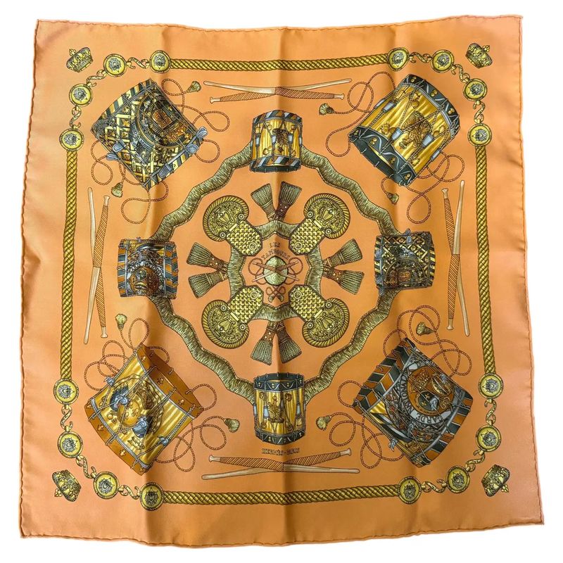 20th Century Classic Orange Silk Carrè Scarf 20th Century Classic Orange Silk Carrè Scarf "Les tambours" by Hermes