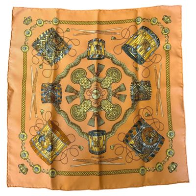 20th Century Classic Orange Silk Carrè Scarf "Les tambours" by Hermes