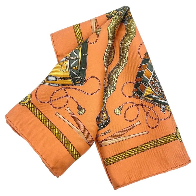 20th Century Classic Orange Silk Carrè Scarf "Les tambours" by Hermes