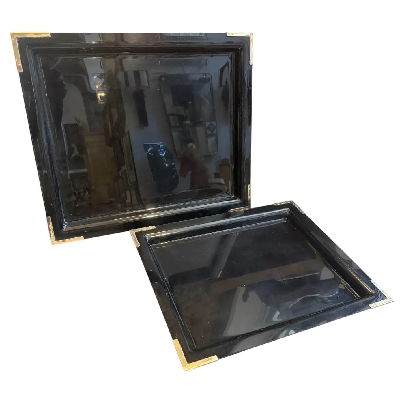 Set of Two 1970s Mid-Century Modern Black Lucite and Brass Barware Trays
