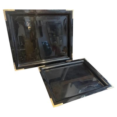 Set of Two 1970s Mid-Century Modern Black Lucite and Brass Barware Trays