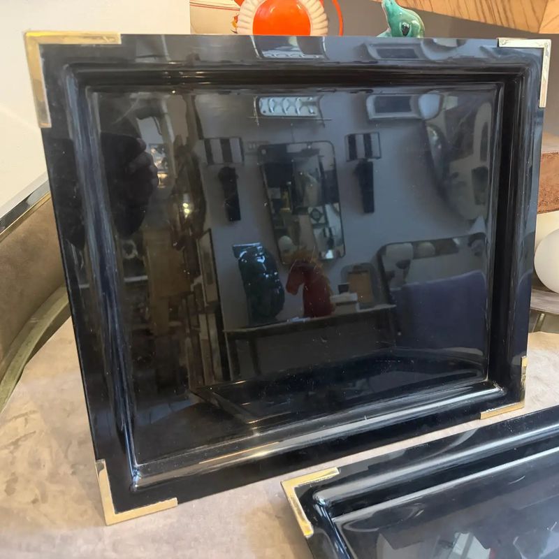 Set of Two 1970s Mid-Century Modern Black Lucite and Brass Barware Trays