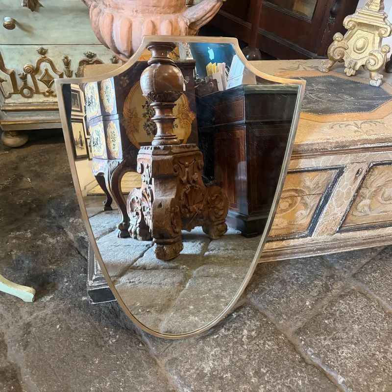 1950s Gio Ponti Style Mid-Century Modern Brass Italian Shield Wall Mirror