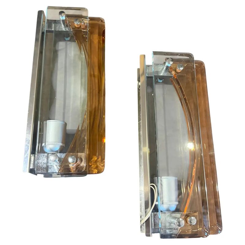 Two 1960s Space Age Thick Glass and Chrome Wall Sconces by Lupi Cristal Luxor