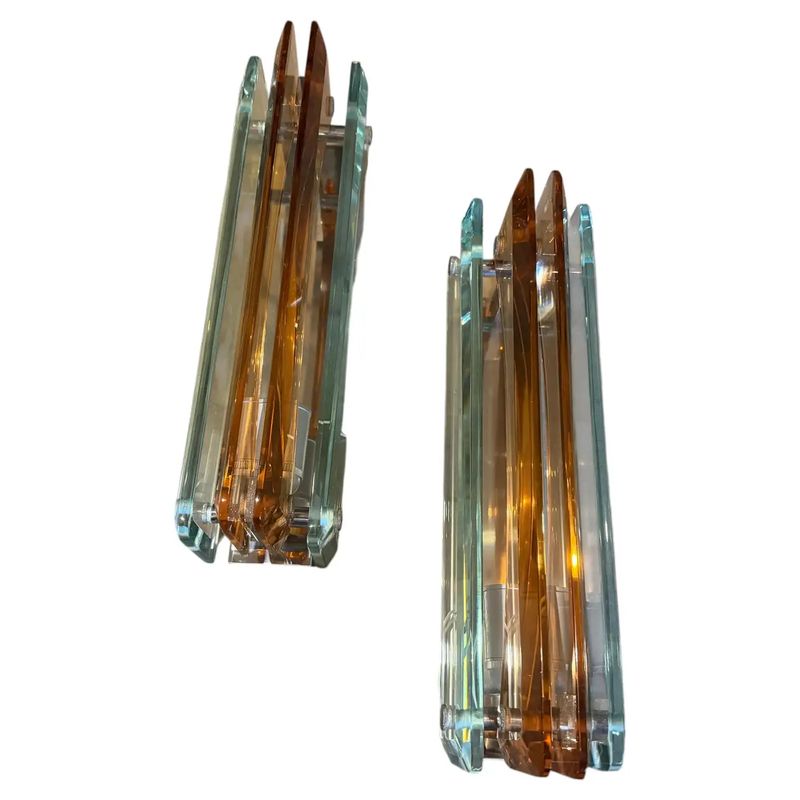 Two 1960s Space Age Thick Glass and Chrome Wall Sconces by Lupi Cristal Luxor Two 1960s Space Age Thick Glass and Chrome Wall Sconces by Lupi Cristal Luxor