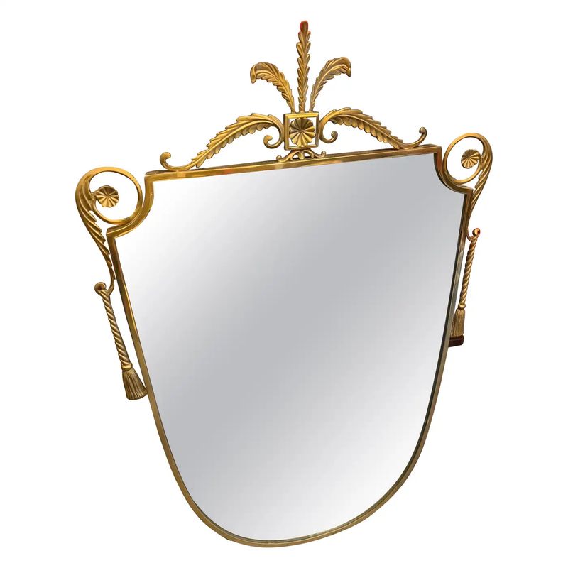 1950s Gio Ponti Style Mid-Century Modern Brass Shield Wall Mirror