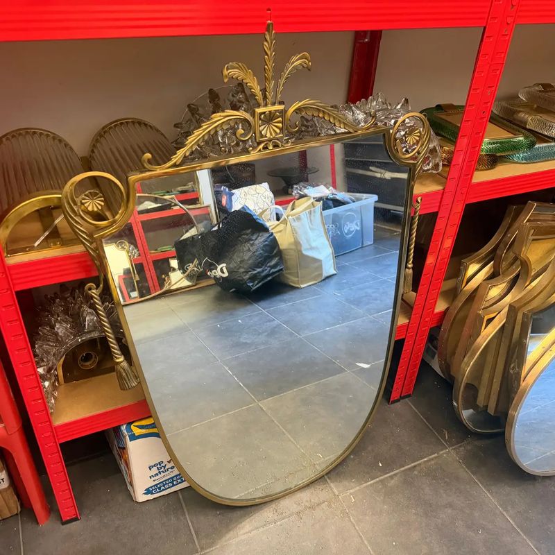 1950s Gio Ponti Style Mid-Century Modern Brass Shield Wall Mirror