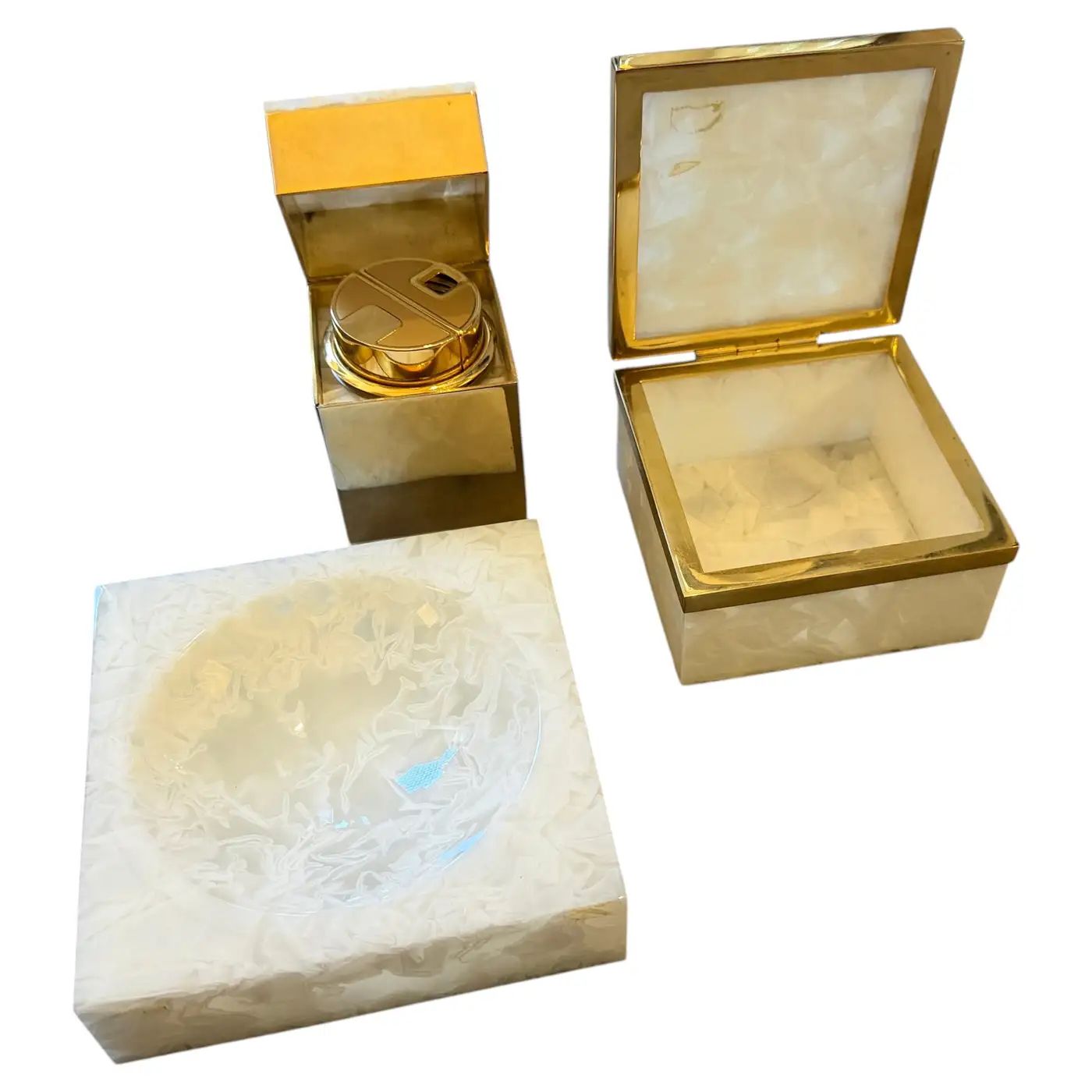 1970s Mid-Century Modern Mother Pearl Lucite and Brass Italian Smoking Set