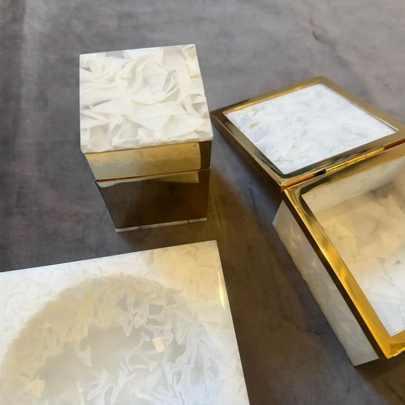 1970s Mid-Century Modern Mother Pearl Lucite and Brass Italian Smoking Set