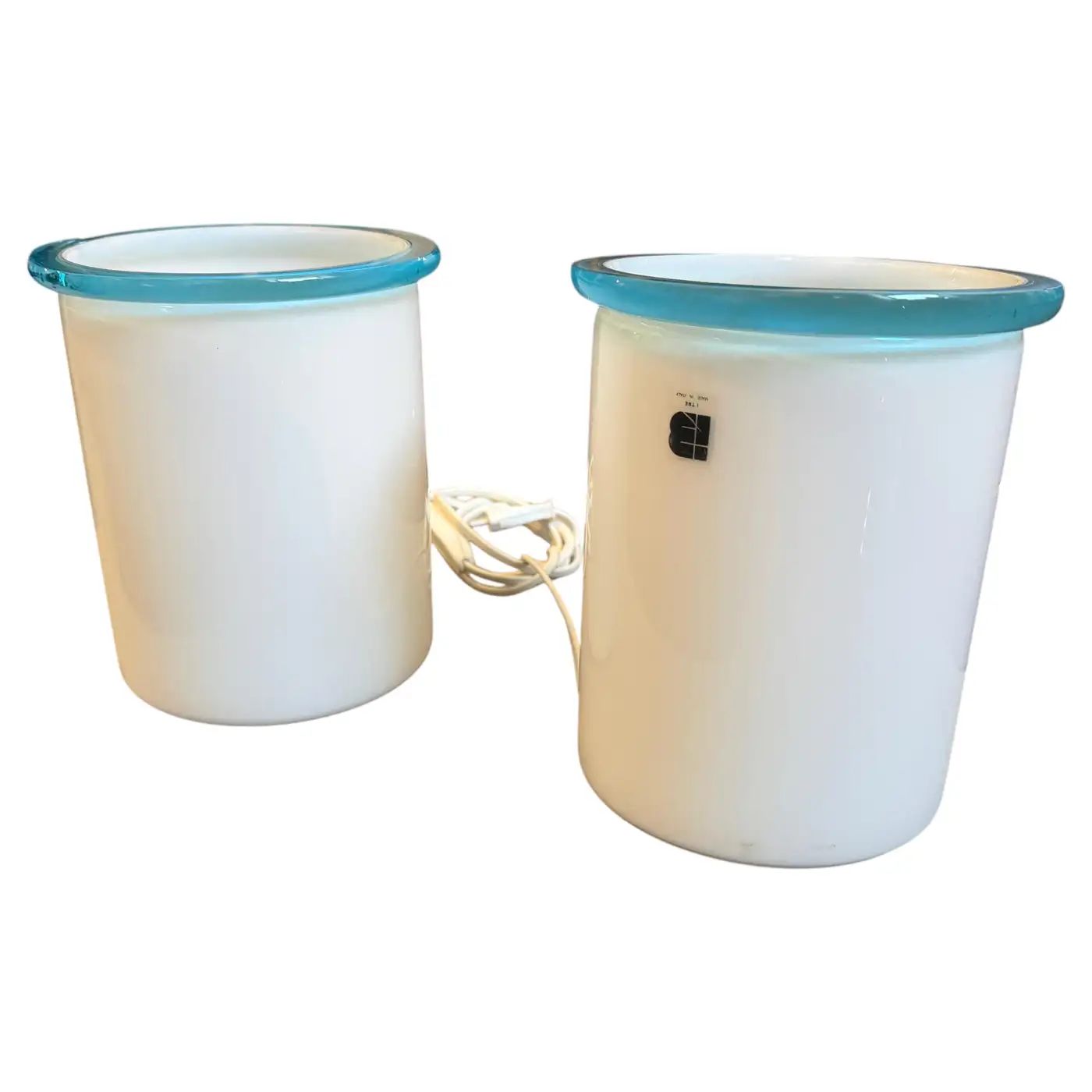 Two 1980s Mid-Century Modern White and Turquoise Murano Glass Bed Lamps by ITRE Two 1980s Mid-Century Modern White and Turquoise Murano Glass Bed Lamps by ITRE