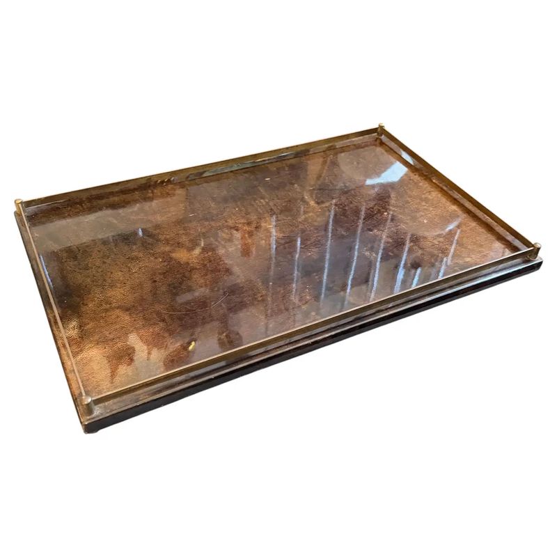 1950s Mid-Century Modern Brown Painted Goatskin and Brass Tray by Aldo Tura
