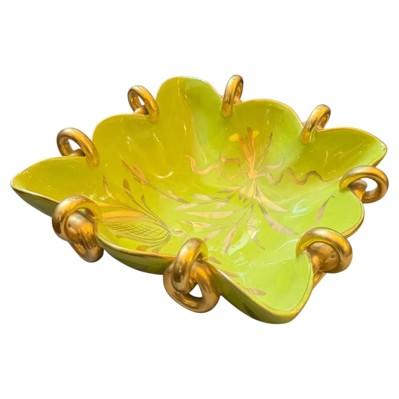 1950s Gio Ponti Style Green and Gold Ceramic Italian Square Bowl by Essepi 1950s Gio Ponti Style Green and Gold Ceramic Italian Square Bowl by Essepi