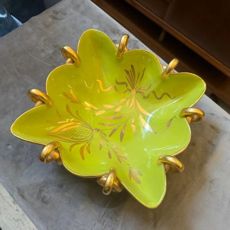 1950s Gio Ponti Style Green and Gold Ceramic Italian Square Bowl by Essepi