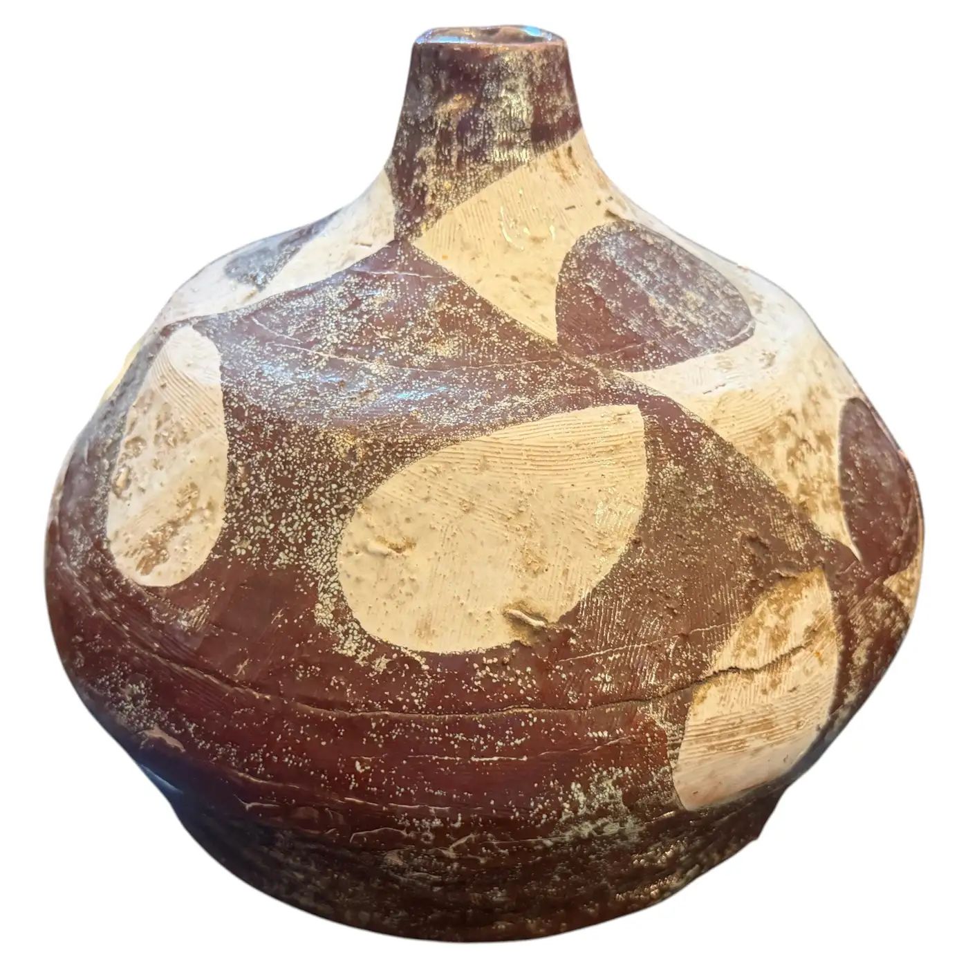 1960s Guido Gambone Style Organic Modern Brown and White Ceramic Italian Vase