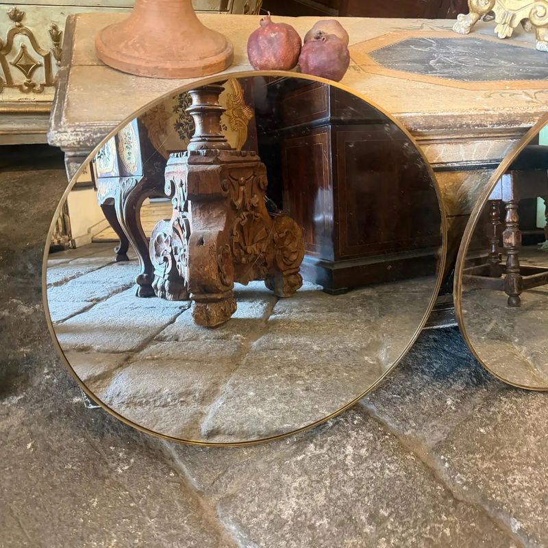 Two 1980s Gio Ponti Style Mid-Century Modern Gilt Metal Round Wall Mirrors