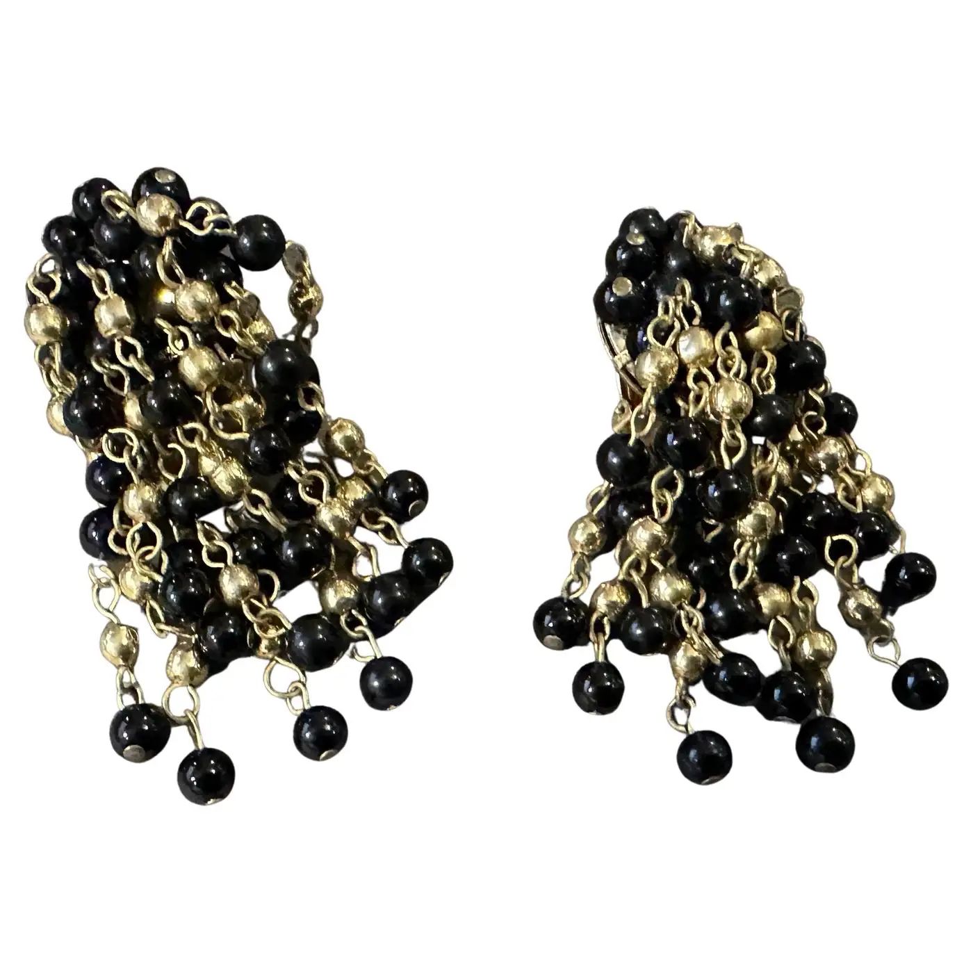 1980s Coppola e Toppo Style Brass and Black Beads Italian Chandelier Earrings 1980s Coppola e Toppo Style Brass and Black Beads Italian Chandelier Earrings
