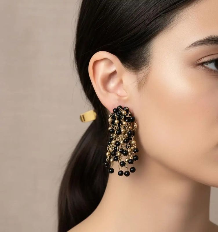 1980s Coppola e Toppo Style Brass and Black Beads Italian Chandelier Earrings