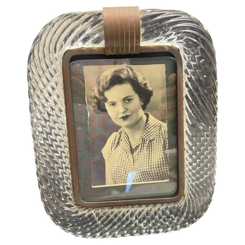 1930s Barovier Attributed Art Deco Clear Murano Glass and Brass Picture Frame