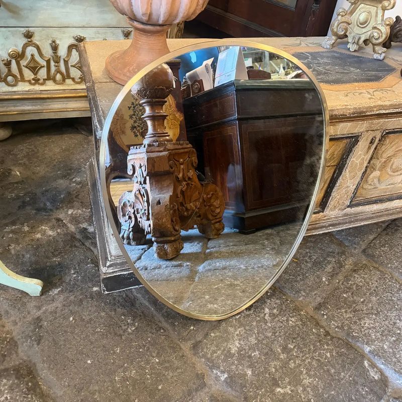 1950s Gio Ponti Style Mid-Century Modern Solid Brass Oval Shaped Wall Mirror
