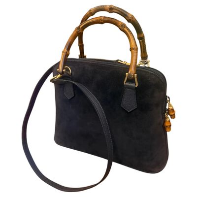 A 1990s Iconic Gucci Bamboo Navy Blue Suede Leather Hand Bag