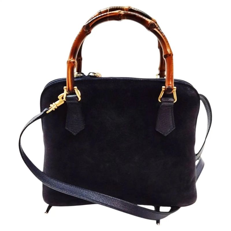 A 1990s Iconic Gucci Bamboo Navy Blue Suede Leather Hand Bag