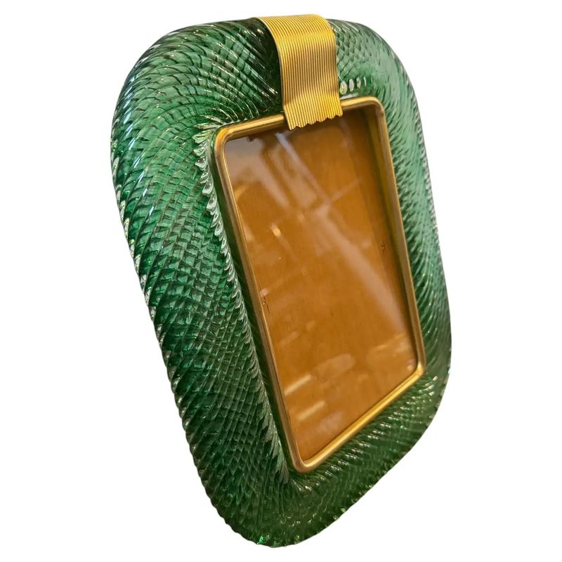 A Barovier Style Art Deco Green Murano Glass and Brass Italian Picture Frame