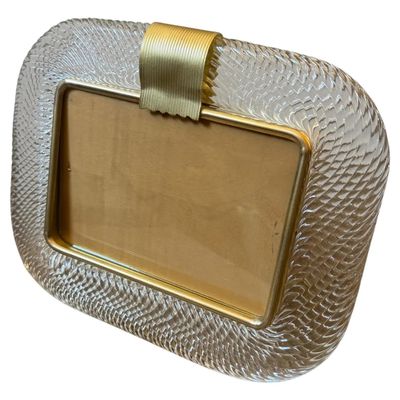1990s Barovier Style Art Deco Murano Glass and Brass Horizontal Picture Frame
