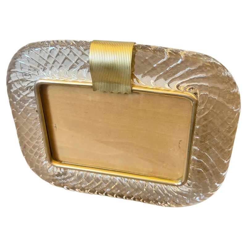 1990s Barovier Style Art Deco Murano Glass and Brass Horizontal Picture Frame