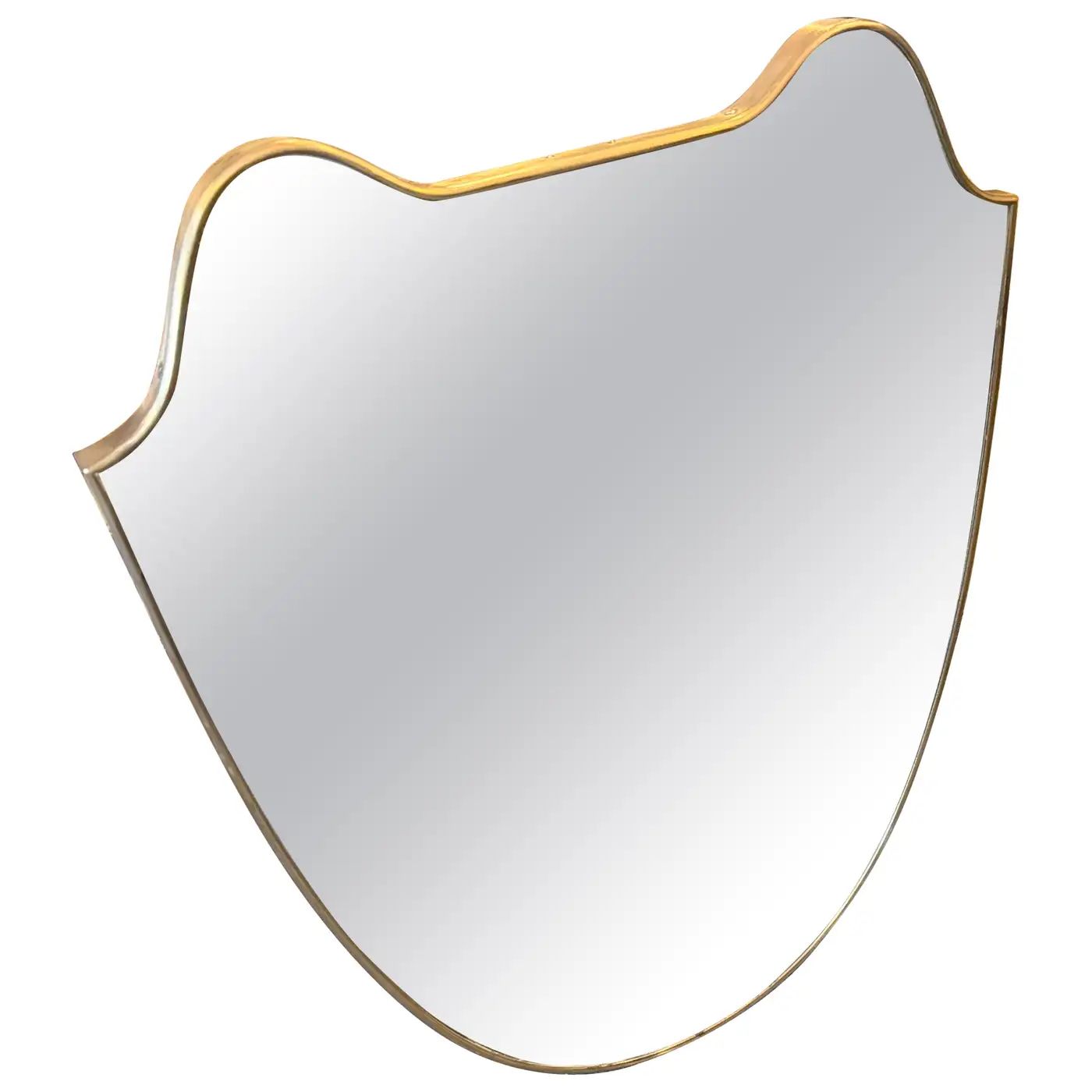 1950s Gio Ponti Style Mid-Century Modern Brass Shield Shaped Italian Wall Mirror 1950s Gio Ponti Style Mid-Century Modern Brass Shield Shaped Italian Wall Mirror