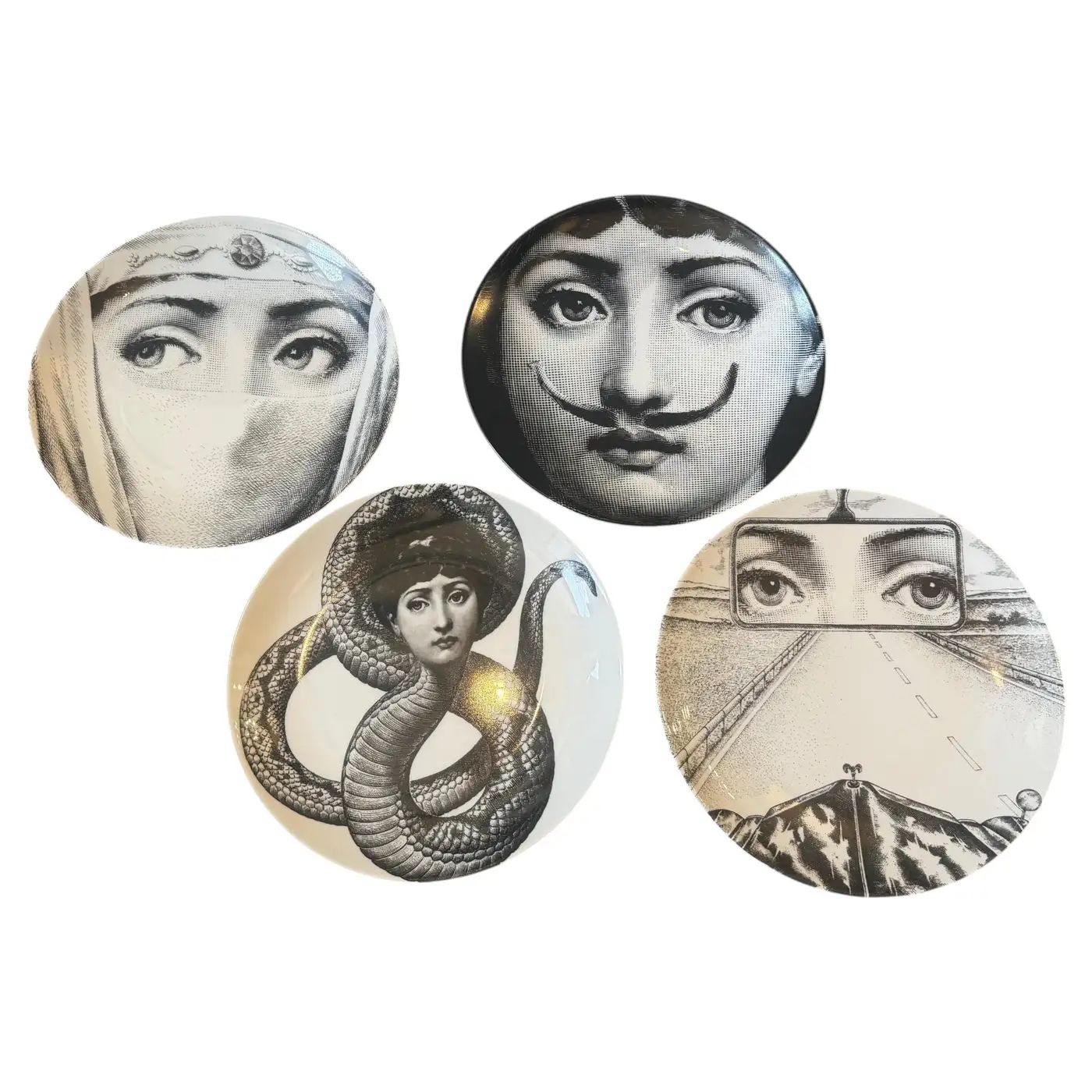 Four 1970s 26 cm Porcelain Wall Plates Temi e Variazioni by Piero Fornasetti Four 1970s 26 cm Porcelain Wall Plates Temi e Variazioni by Piero Fornasetti
