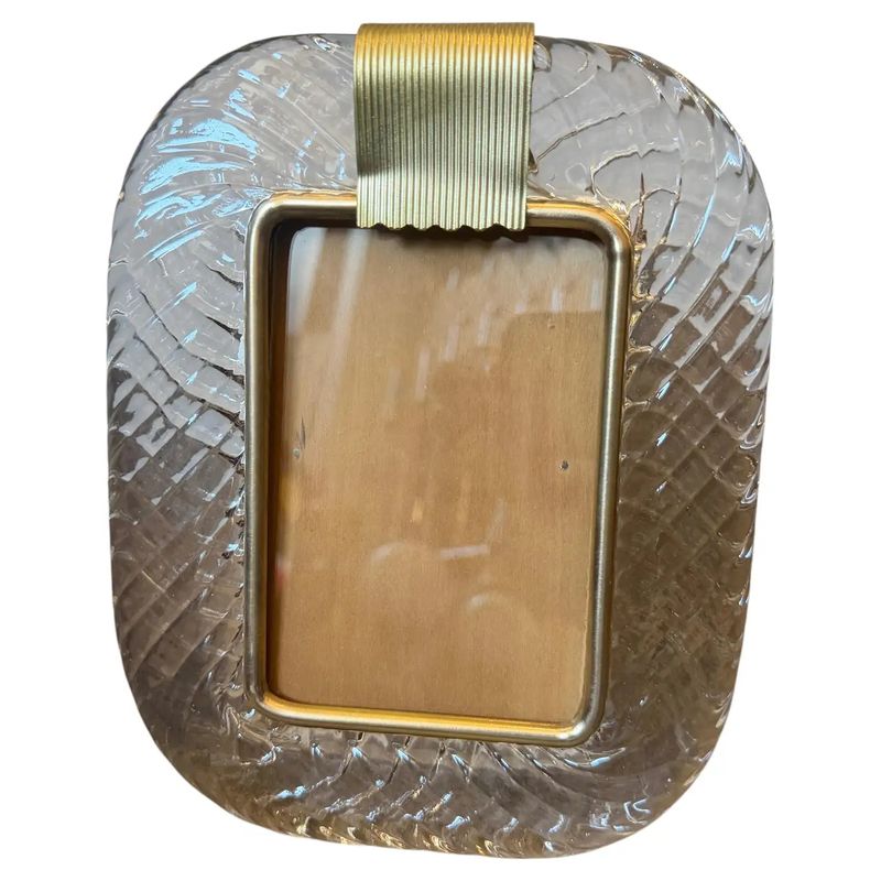 1990s Barovier Style Art Deco Clear Murano Glass and Brass Picture Frame