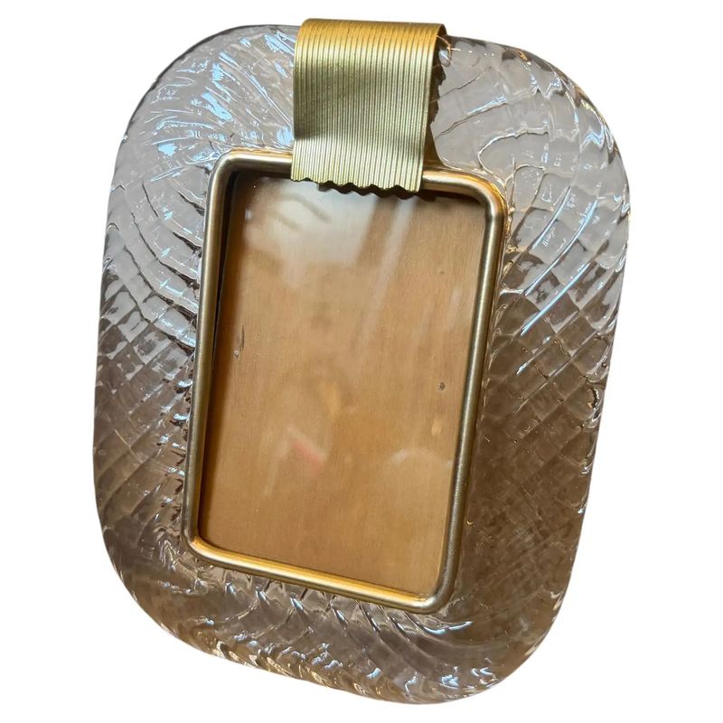1990s Barovier Style Art Deco Clear Murano Glass and Brass Picture Frame 1990s Barovier Style Art Deco Clear Murano Glass and Brass Picture Frame