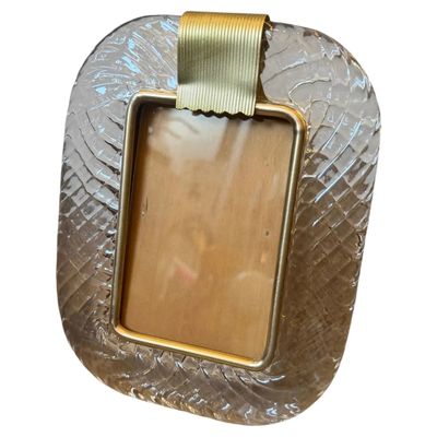 1990s Barovier Style Art Deco Clear Murano Glass and Brass Picture Frame