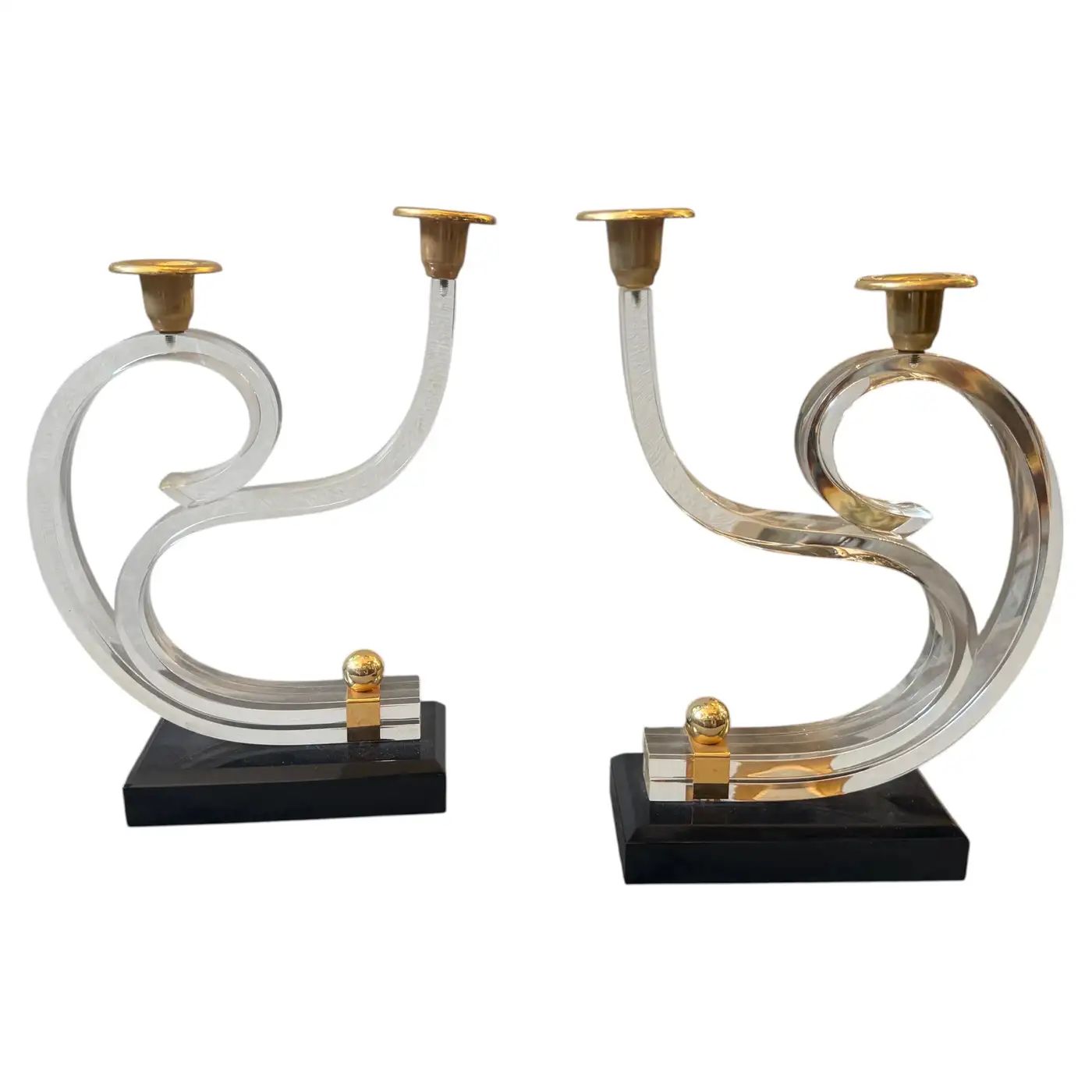 Two 1970 Mid-Century Modern Black and Clear Lucite and Brass French Candlesticks Two 1970 Mid-Century Modern Black and Clear Lucite and Brass French Candlesticks
