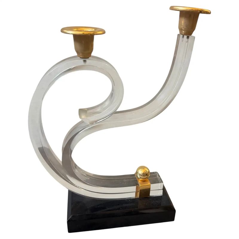 Two 1970 Mid-Century Modern Black and Clear Lucite and Brass French Candlesticks