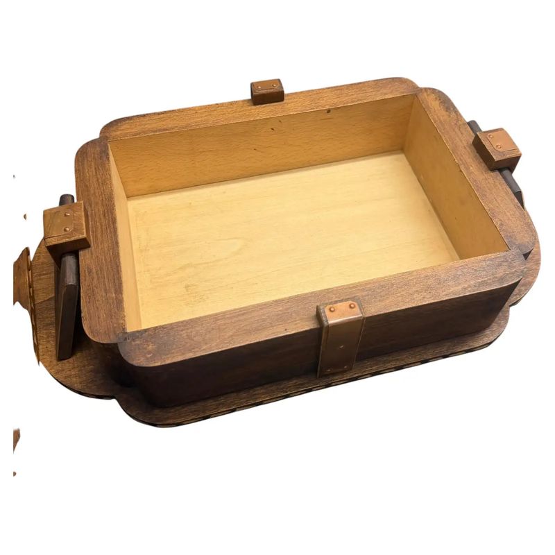 1930s Art Deco Hand-Carved Oak, Maple Wood and Brass Huge French Box