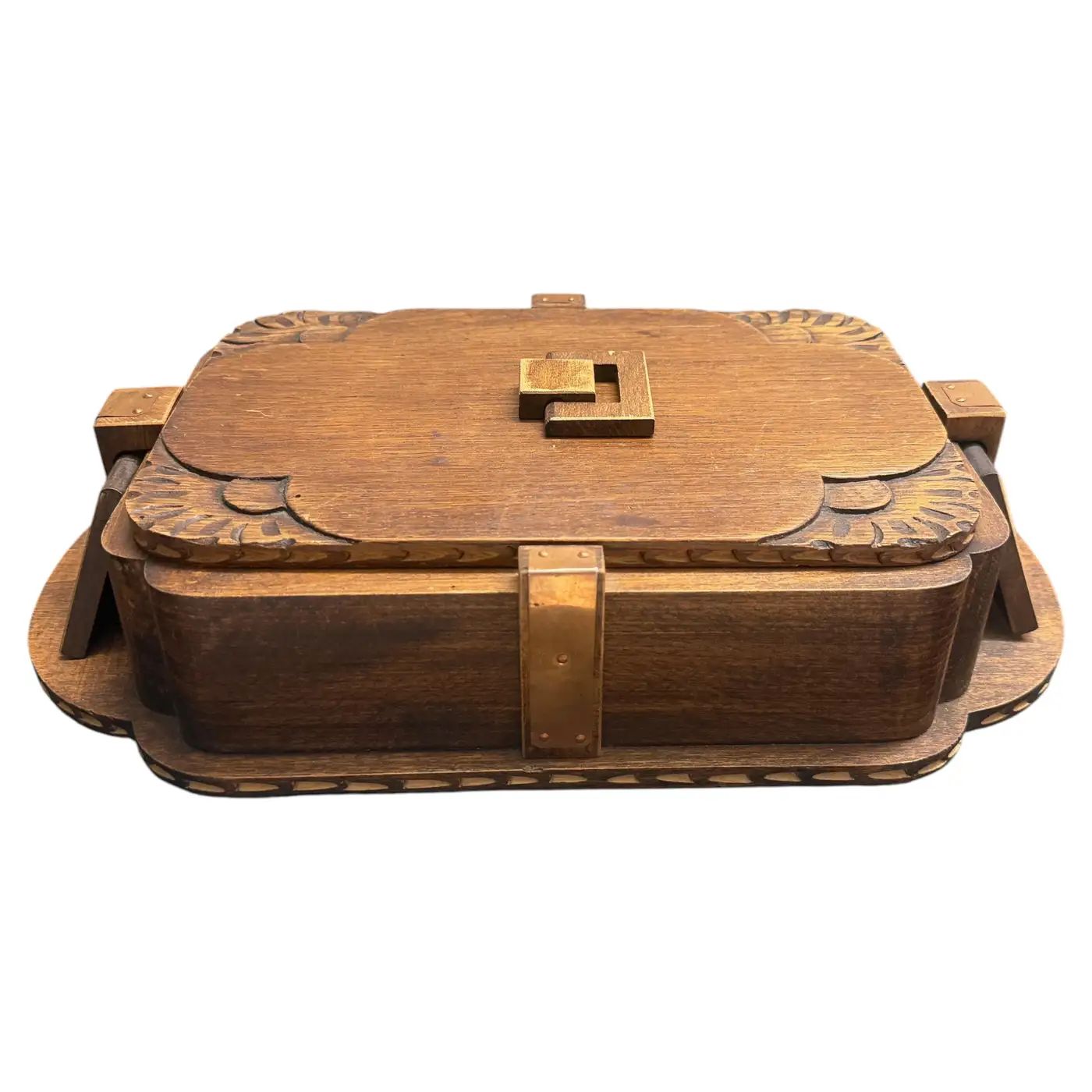 1930s Art Deco Hand-Carved Oak, Maple Wood and Brass Huge French Box 1930s Art Deco Hand-Carved Oak, Maple Wood and Brass Huge French Box