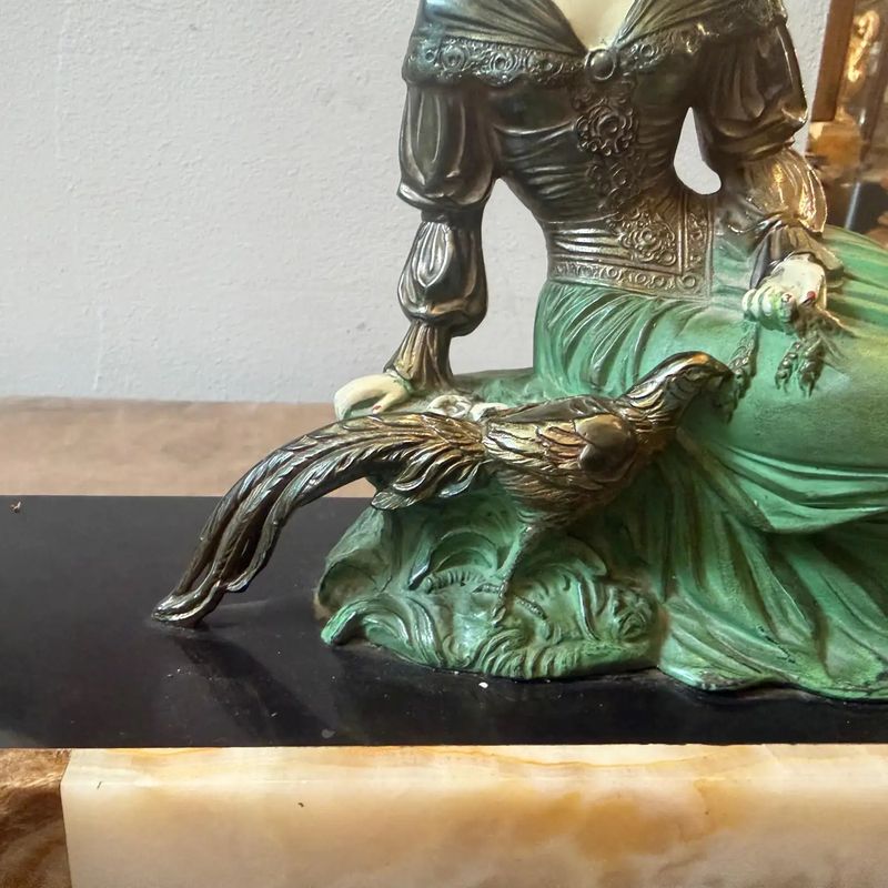 A 1930s Art Deco Spelter and Marble French Statue of a Woman and a Pheasant
