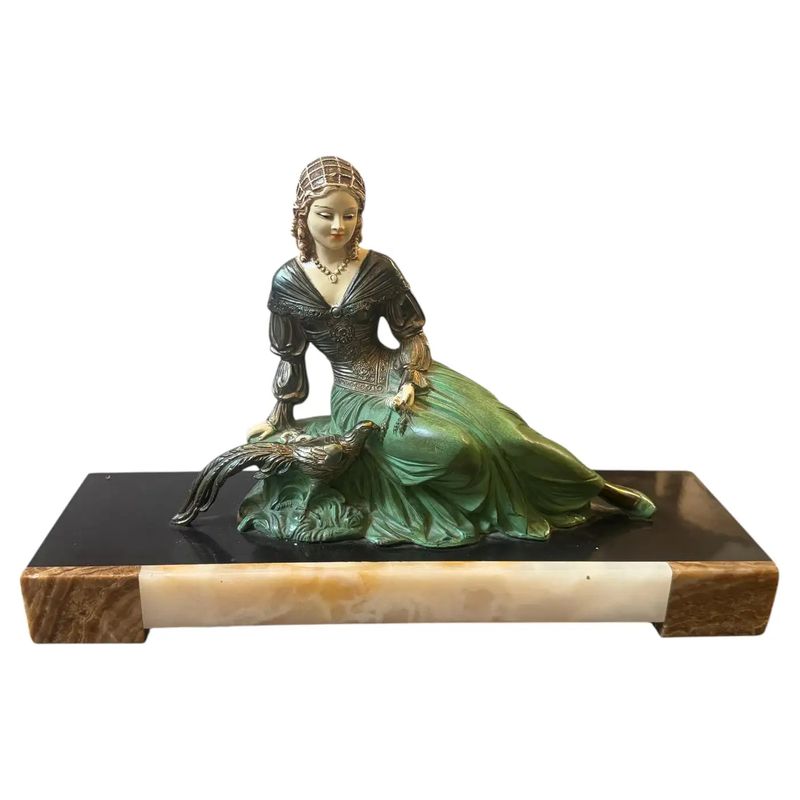 A 1930s Art Deco Spelter and Marble French Statue of a Woman and a Pheasant