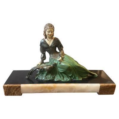 A 1930s Art Deco Spelter and Marble French Statue of a Woman and a Pheasant