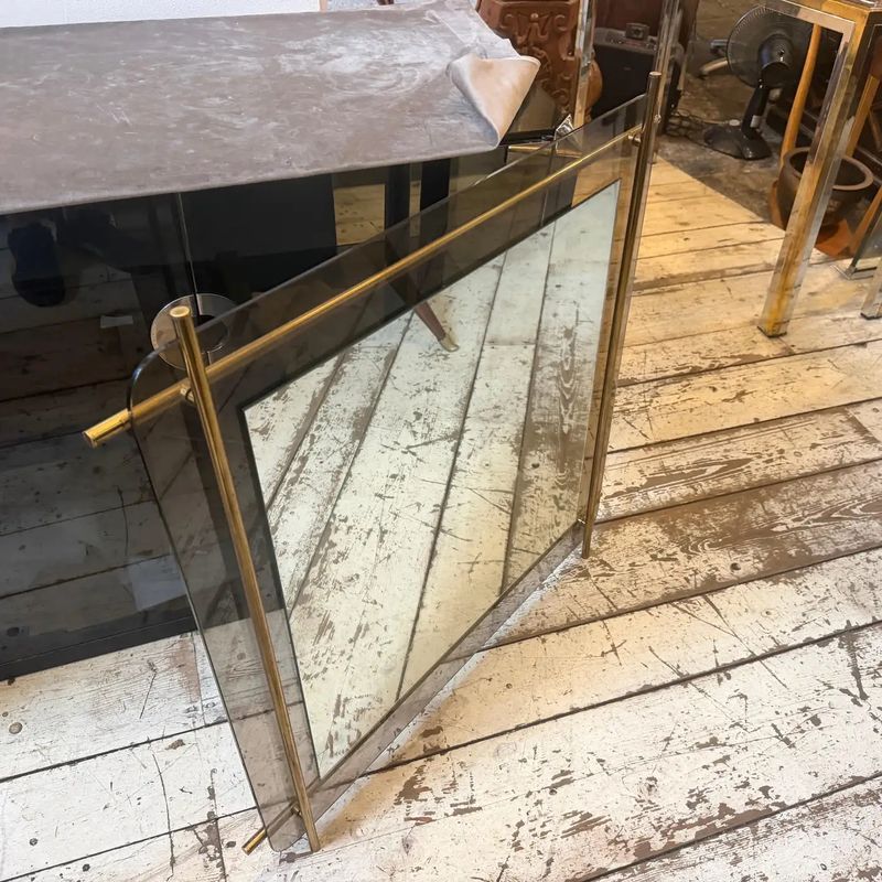 1970 Mid-Century Modern Smoked Glass and Brass Square Wall Mirror by Renato Zevi