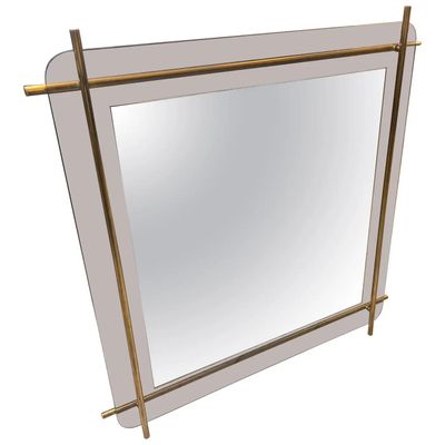 1970 Mid-Century Modern Smoked Glass and Brass Square Wall Mirror by Renato Zevi