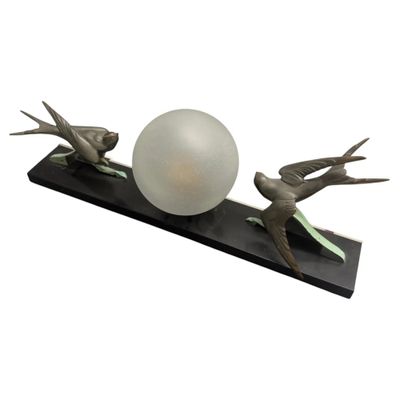 1930s Art Deco Marble, Soft Metal and Glass Italian Table Lamp