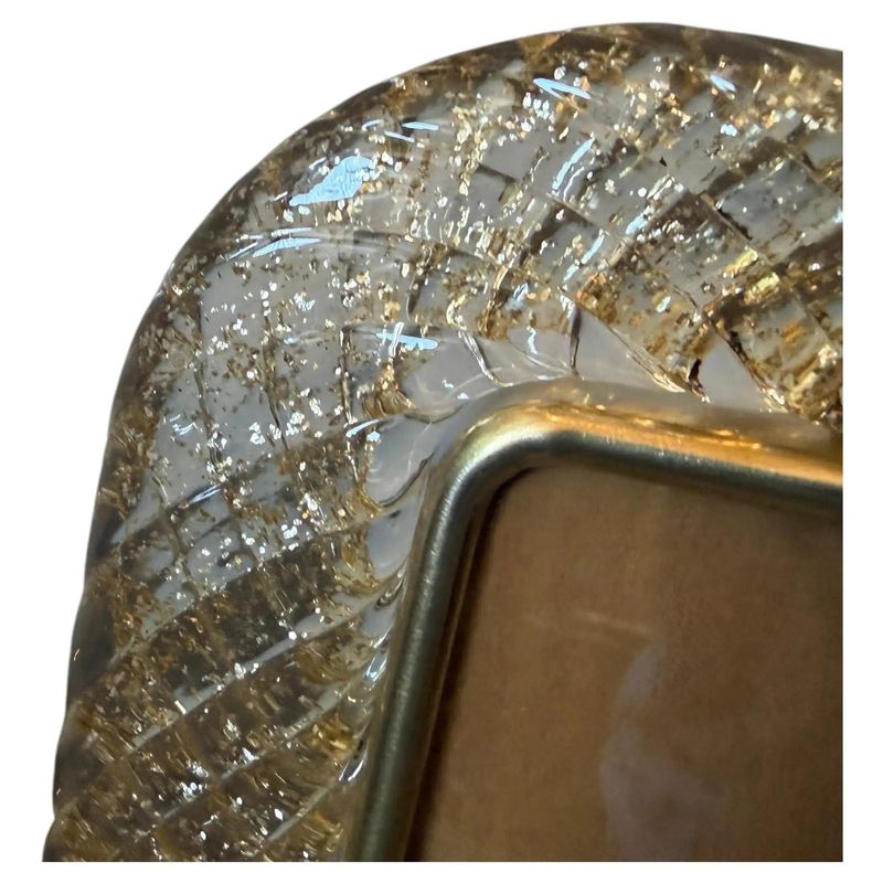 1990s Barovier Style Art Deco Brass and Gold Murano Glass Picture Frame