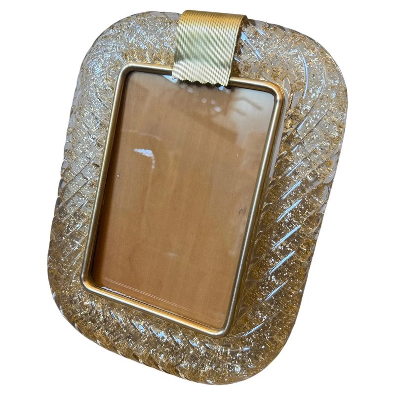 1990s Barovier Style Art Deco Brass and Gold Murano Glass Picture Frame