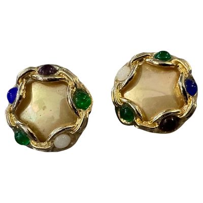 1980s Costume Jewelry Gilt Metal and Cabochon Glasses Italian Clip-on Earrings