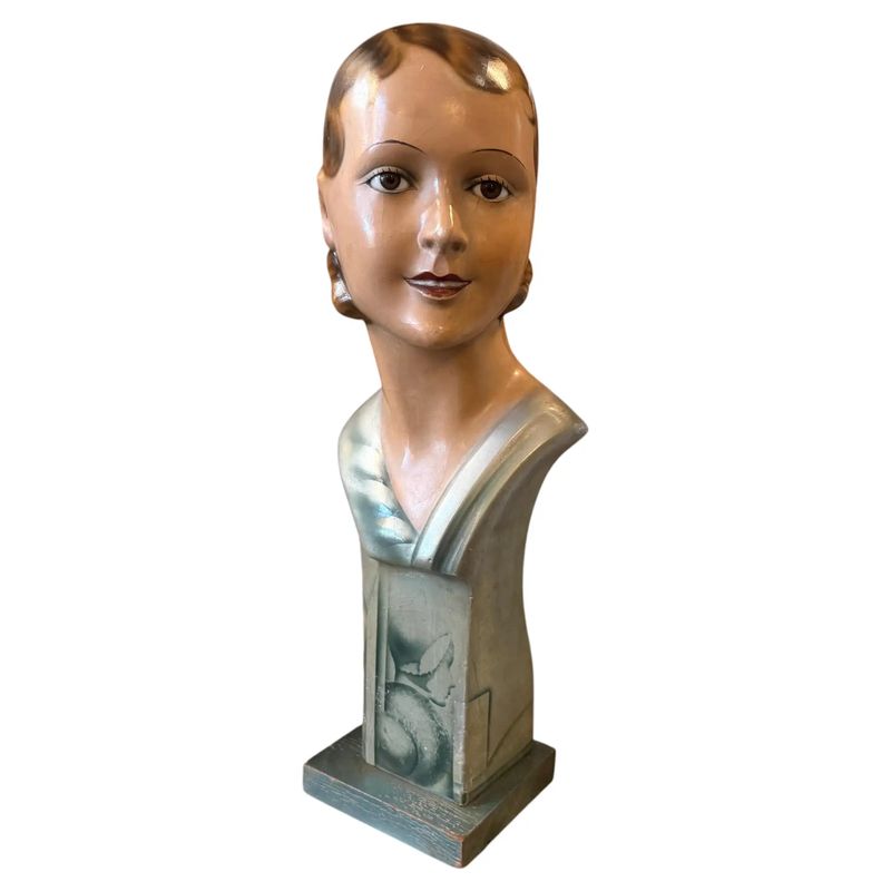 1900s Art Nouveau Papier Maché and glass Eyes Italian Bust of a Woman