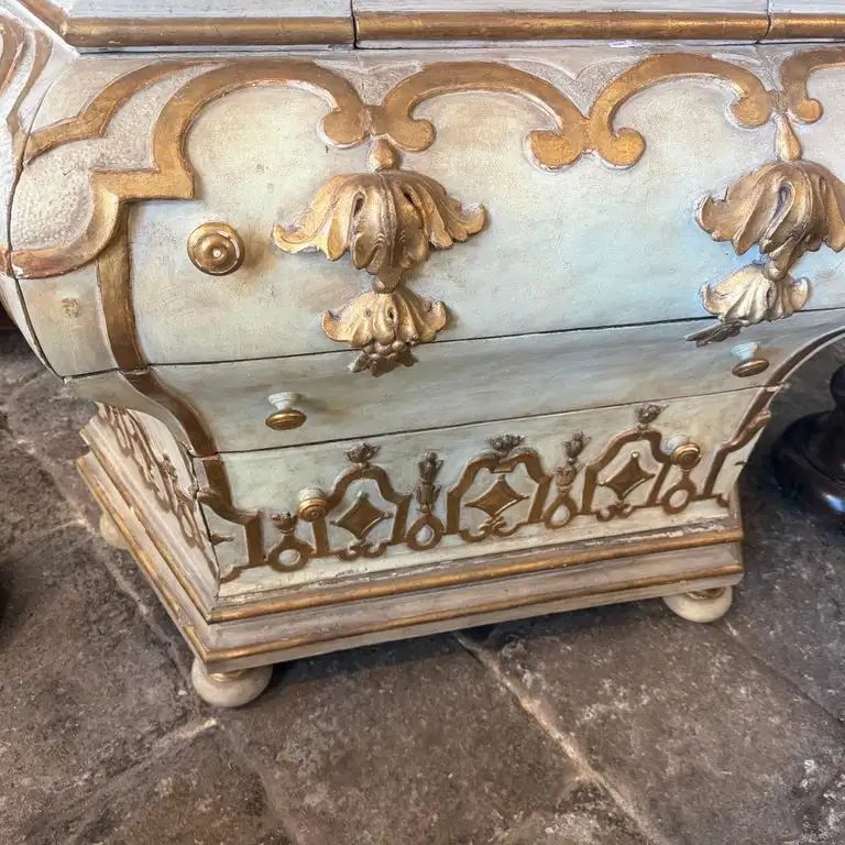 An Original Baroque Lacquered and Gilt Wood and Marble Venetian Chest of Drawers