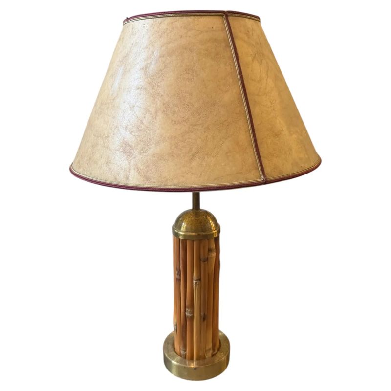 A 1970 Mid-Century Modern Gilt Metal and Bamboo Italian Table Lamp